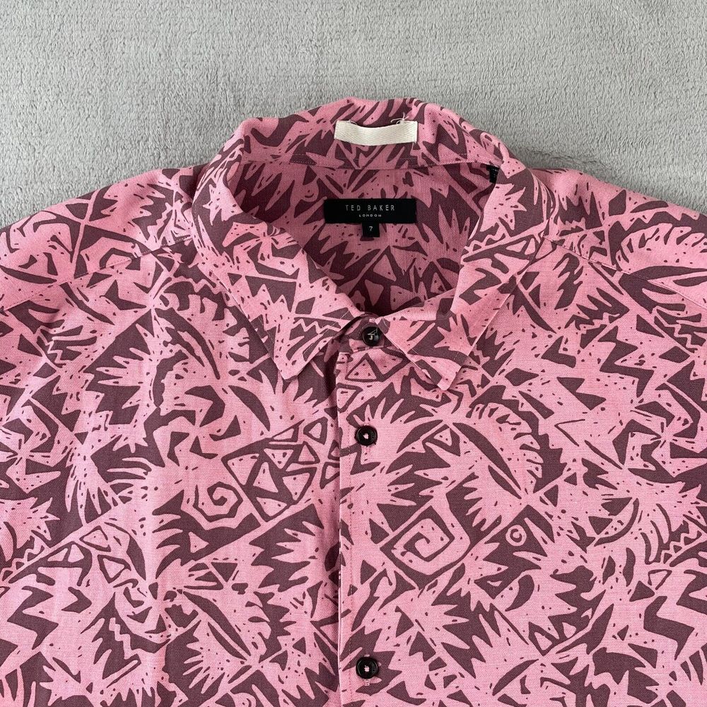 Ted Baker Shirt Men 7 (3XL) Pink Geometric AOP Linen Blend Short Sleeve NWOT